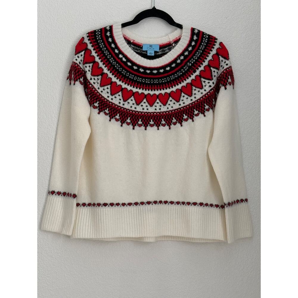 CeCe Women’s Small White Sweater with Fair Isle Pattern, Crew Neck